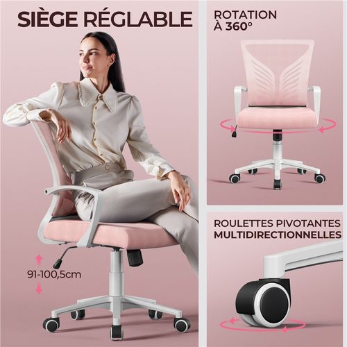 Chaise De Bureau En Maille Mesh Avec Support Lombaire Et Siège Réglable En Hauteur, Rose