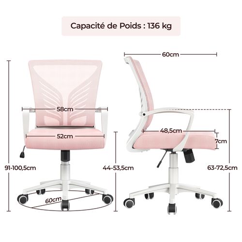 Chaise De Bureau En Maille Mesh Avec Support Lombaire Et Siège Réglable En Hauteur, Rose
