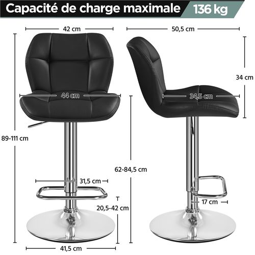 Tabourets / Chaise De Bar Design Capitonné Tabouret De Bar En Similicuir Réglables En Hauteur, Noir