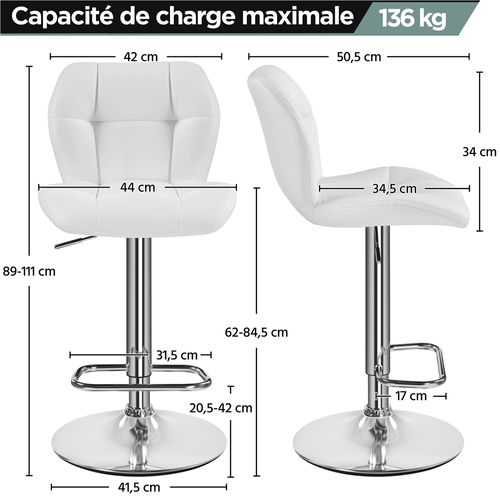 Tabourets Chaise De Bar Design Capitonné Tabouret De Bar En Similicuir Réglables En Hauteur, Blanc