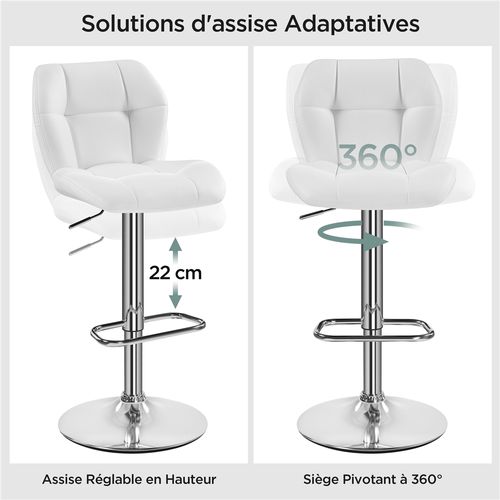 Tabourets Chaise De Bar Design Capitonné Tabouret De Bar En Similicuir Réglables En Hauteur, Blanc