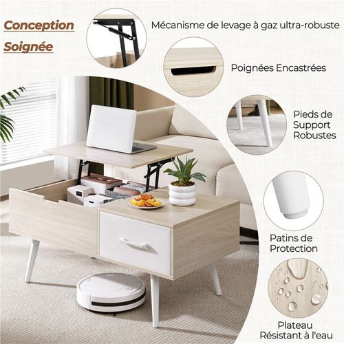 Table Basse à Plateau Relevable Rangement Avec Tiroir En Tissu, Couleur Bois Clair