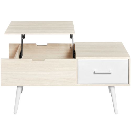 Table Basse à Plateau Relevable Rangement Avec Tiroir En Tissu, Couleur Bois Clair