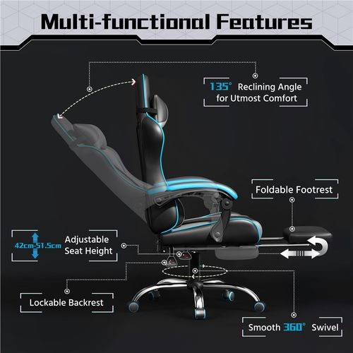 Chaise Gaming Pivotant Réglable En Hauteur Avec Repose-pieds Et Appui-tête, Noir/gris