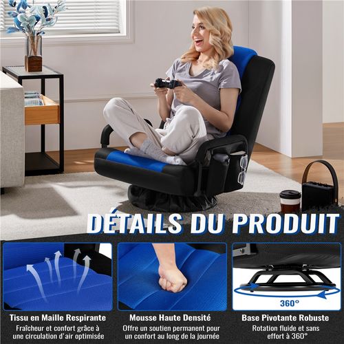 Fauteuil Gaming Au Sol Pivotant Avec Dossier Inclinable, Accoudoirs Et Appui-tête, Noir/bleu