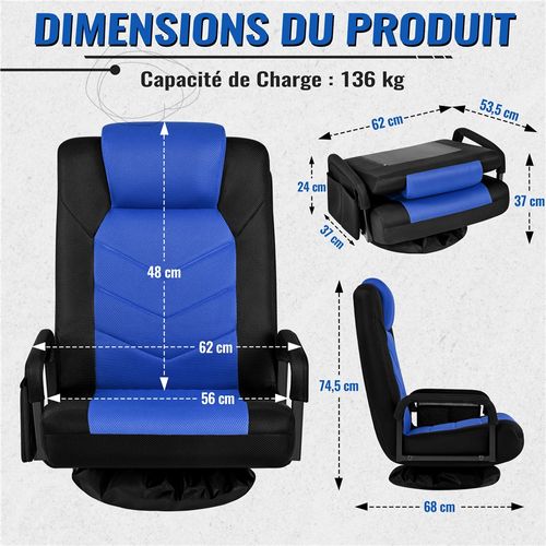 Fauteuil Gaming Au Sol Pivotant Avec Dossier Inclinable, Accoudoirs Et Appui-tête, Noir/bleu