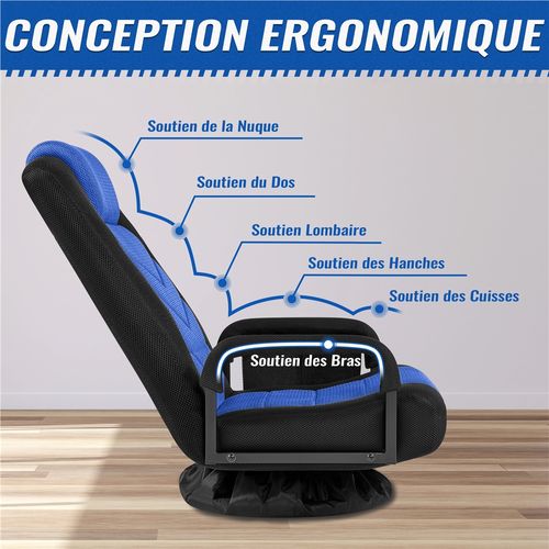 Fauteuil Gaming Au Sol Pivotant Avec Dossier Inclinable, Accoudoirs Et Appui-tête, Noir/bleu