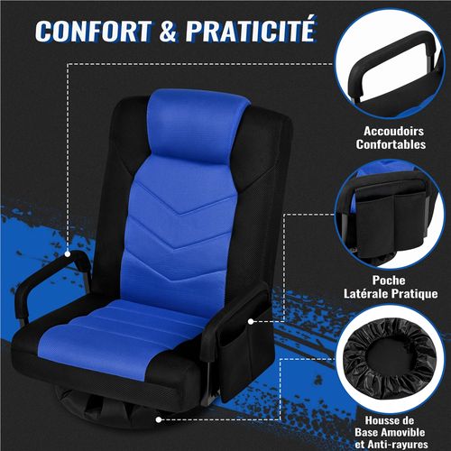Fauteuil Gaming Au Sol Pivotant Avec Dossier Inclinable, Accoudoirs Et Appui-tête, Noir/bleu