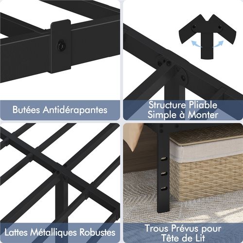 Cadre De Lit Métallique Avec Support à Lattes Résistant, Lit Double 160×200 Cm Noir