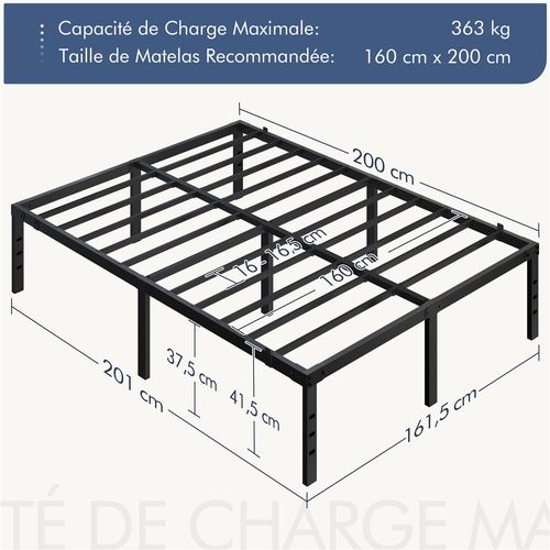 Cadre De Lit Métallique Avec Support à Lattes Résistant, Lit Double 160×200 Cm Noir