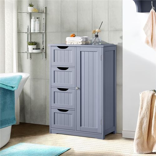 Meuble De Salle De Bain Avec 4 Tiroirs Et 1 Placard à Tablette Réglable En Hauteur, Gris