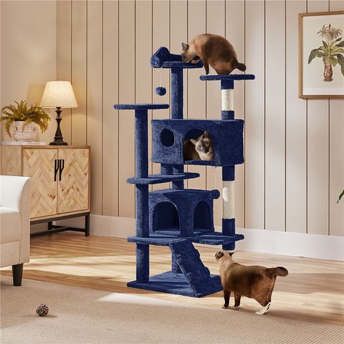 Grand Arbre à Chat Multiniveau Avec Poteaux En Sisal Cachettes Perchoirs Griffoir, Bleu Marine