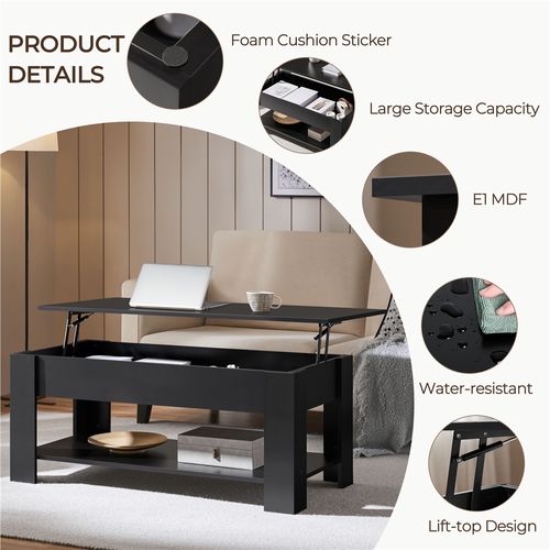 Table Basse à Plateau Relevable Avec Compartiment Caché Et Étagère De Rangement, Noir
