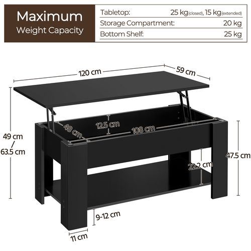 Table Basse à Plateau Relevable Avec Compartiment Caché Et Étagère De Rangement, Noir