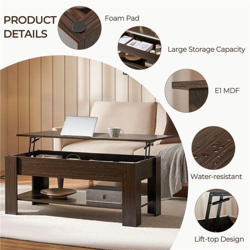 Table Basse à Plateau Relevable Avec Compartiment Caché Et Étagère De Rangement, Espresso