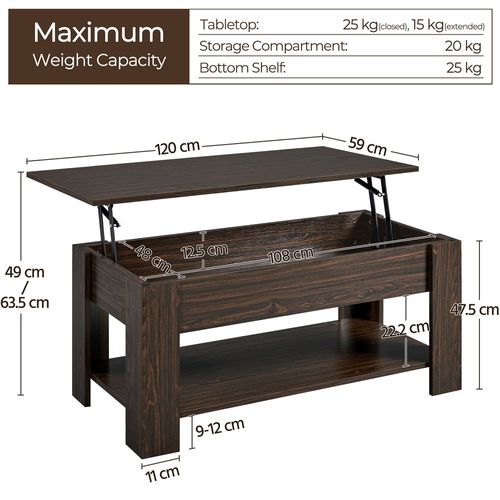 Table Basse à Plateau Relevable Avec Compartiment Caché Et Étagère De Rangement, Espresso