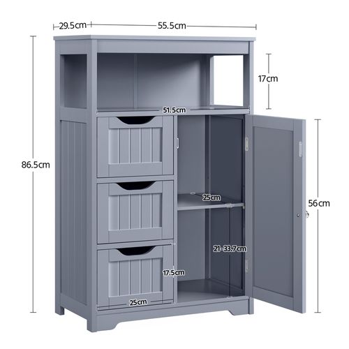 Armoire De Salle De Bain à 3 Tiroirs Et 1 Porte Avec Compartiment Ouvert, Gris