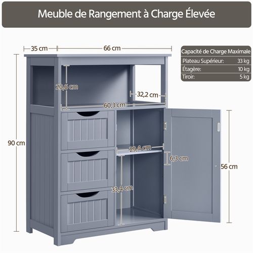 Armoire De Salle De Bain à 3 Tiroirs Et 1 Porte Avec Compartiment Ouvert, Gris