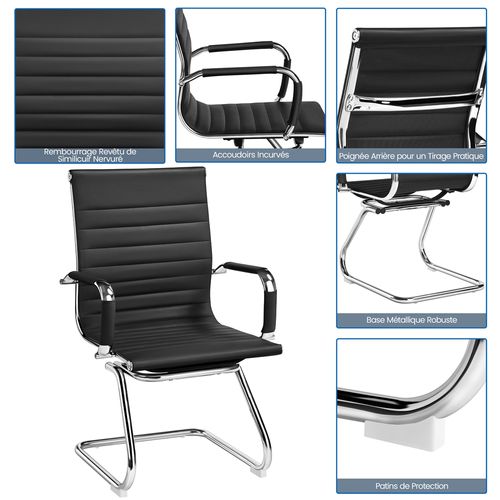 Lot De 4 Chaises Visiteur En Similicuir Avec Accoudoir Recouverts Base En Métal, Noir