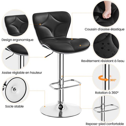 Lot De 4 Tabourets De Bar En Similicuir Et En Métal Chaises De Bar Réglables En Hauteur, Noir