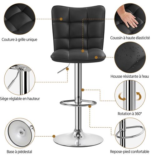 Lot De 4 Chaises De Bar Modernes En Similicuir Réglables En Hauteur Design Capitonné, Noir