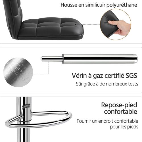 Lot De 4 Chaises De Bar Modernes En Similicuir Réglables En Hauteur Design Capitonné, Noir