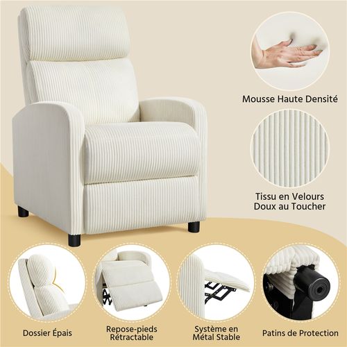 Fauteuil Inclinable En Velours Côtelé Avec Repose Pied, Beige