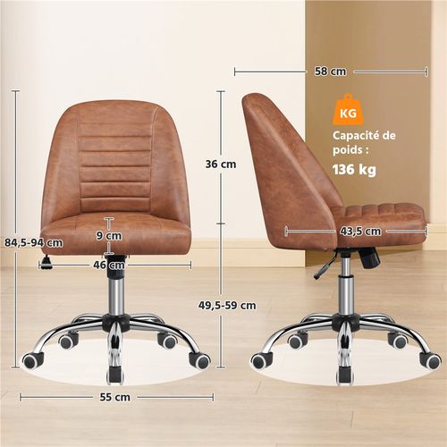 Chaise De Bureau En Similicuir Avec Roulettes Et Assise Réglable En Hauteur, Marron Rustique