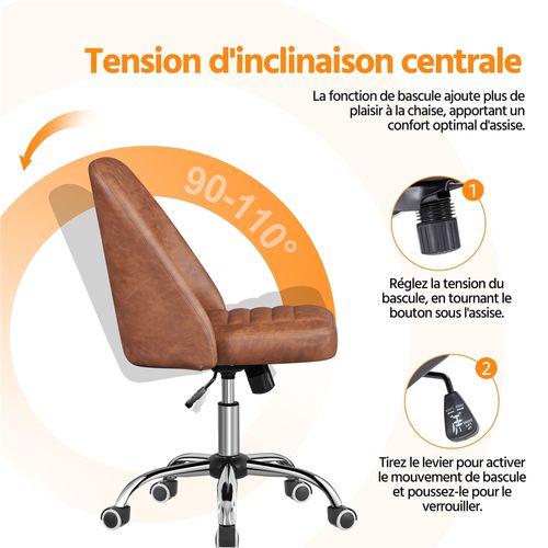 Chaise De Bureau En Similicuir Avec Roulettes Et Assise Réglable En Hauteur, Marron Rustique