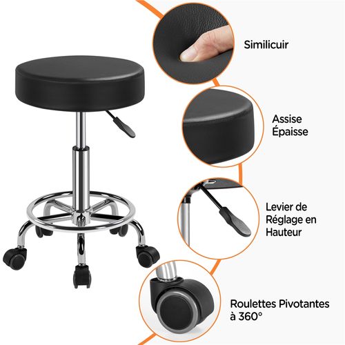 Tabouret Rond à Roulettes Hauteur Réglable Avec Assise Rembourrée En Similicuir, Noir