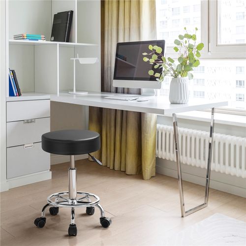 Tabouret Rond à Roulettes Hauteur Réglable Avec Assise Rembourrée En Similicuir, Noir