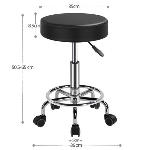 Tabouret Rond à Roulettes Hauteur Réglable Avec Assise Rembourrée En Similicuir, Noir