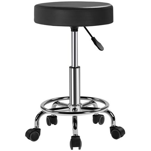 Tabouret Rond à Roulettes Hauteur Réglable Avec Assise Rembourrée En Similicuir, Noir