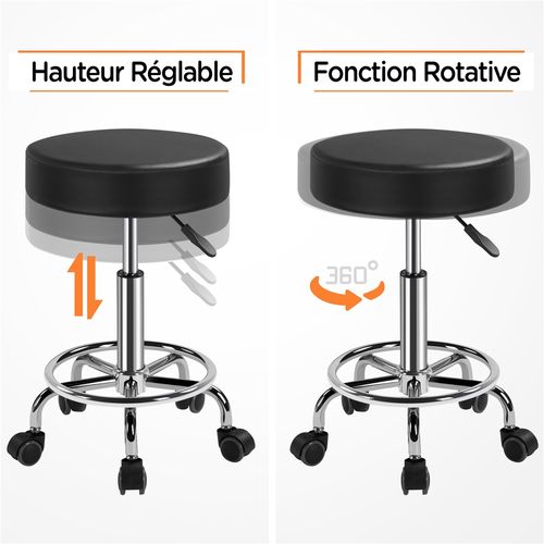 Tabouret Rond à Roulettes Hauteur Réglable Avec Assise Rembourrée En Similicuir, Noir