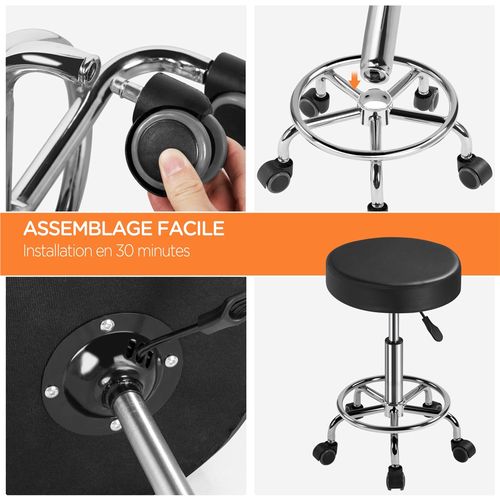 Tabouret Rond à Roulettes Hauteur Réglable Avec Assise Rembourrée En Similicuir, Noir