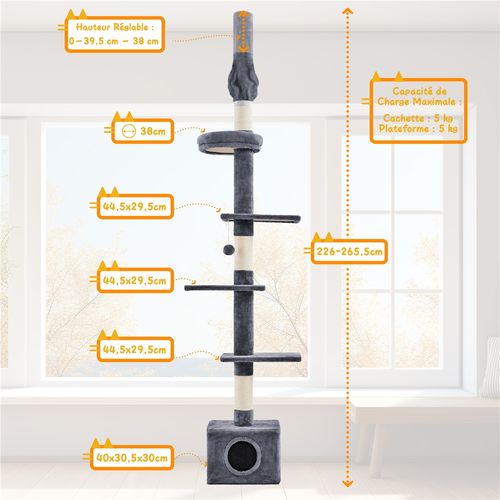 Arbre à Chat Plafond Réglable En Hauteur Avec Cachette Griffoirs En Sisal Gris Foncé