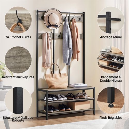 Porte-manteau Sur Pied En Bois Et Métal Avec Étagère à Chaussures à 3 Niveaux, Gris