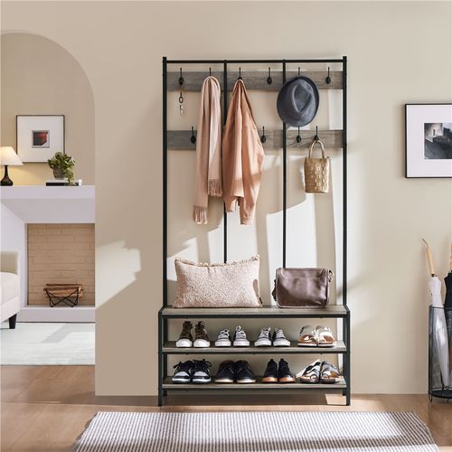 Porte-manteau Sur Pied En Bois Et Métal Avec Étagère à Chaussures à 3 Niveaux, Gris