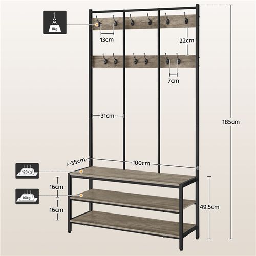 Porte-manteau Sur Pied En Bois Et Métal Avec Étagère à Chaussures à 3 Niveaux, Gris