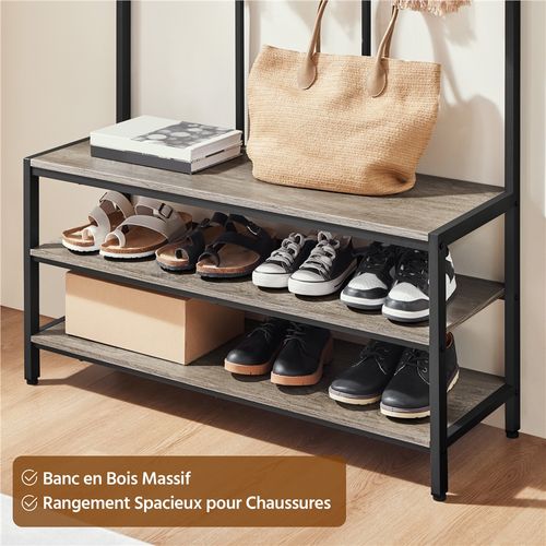 Porte-manteau Sur Pied En Bois Et Métal Avec Étagère à Chaussures à 3 Niveaux, Gris