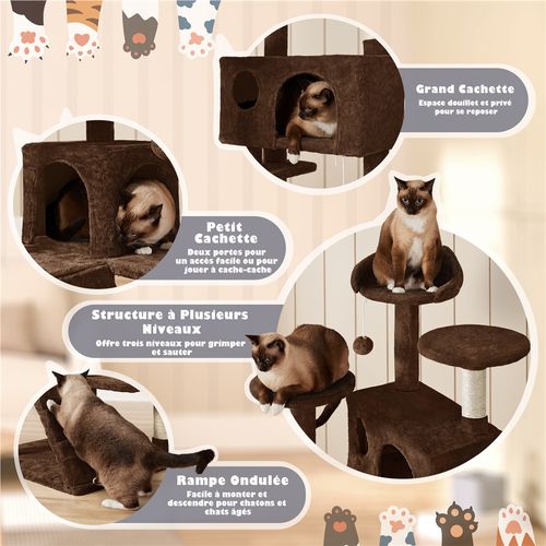 Arbre à Chat Multiniveau Avec Cachettes Et Poteaux à Griffer, 138,5 Cm De Haut Marron