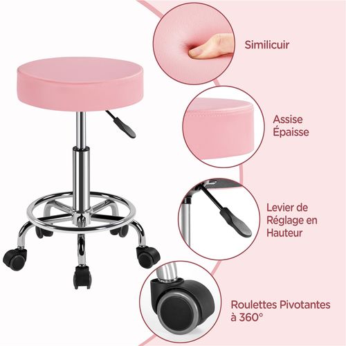 Tabouret Rond à Roulettes Avec Assise Rembourrée Et Revêtement En Similicuir Rose