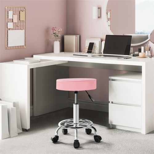 Tabouret Rond à Roulettes Avec Assise Rembourrée Et Revêtement En Similicuir Rose