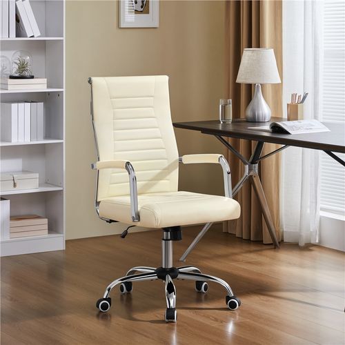 Chaise De Bureau En Similicuir Réglable En Hauteur Avec Base En Métal Chromé, Beige