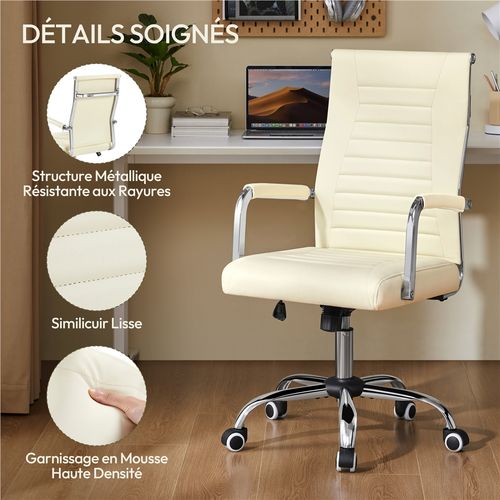 Chaise De Bureau En Similicuir Réglable En Hauteur Avec Base En Métal Chromé, Beige