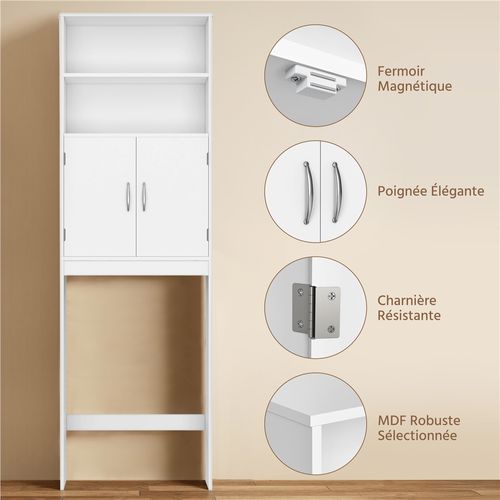 Meuble Dessus Wc Étagère De Toilettes Avec Portes Tablette Réglable En Hauteur, Blanc
