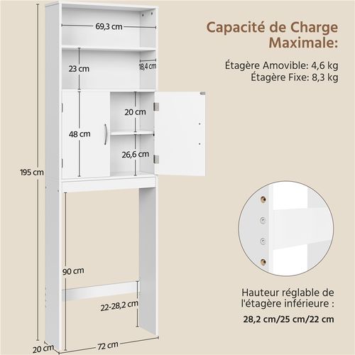Meuble Dessus Wc Étagère De Toilettes Avec Portes Tablette Réglable En Hauteur, Blanc