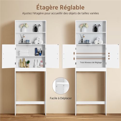 Meuble Dessus Wc Étagère De Toilettes Avec Portes Tablette Réglable En Hauteur, Blanc