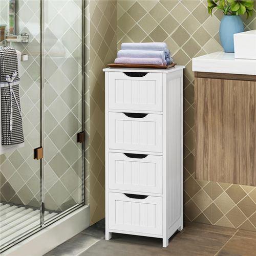 Meuble De Salle De Bain Avec 4 Tiroirs Armoire De Rangement En Bois Blanc
