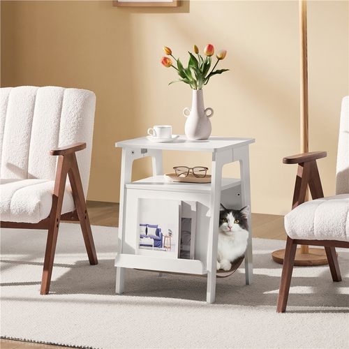 Table D'appoint Pour Chat Avec Lit Bout De Canapé En Bois Avec Niche Range-magazines Blanc